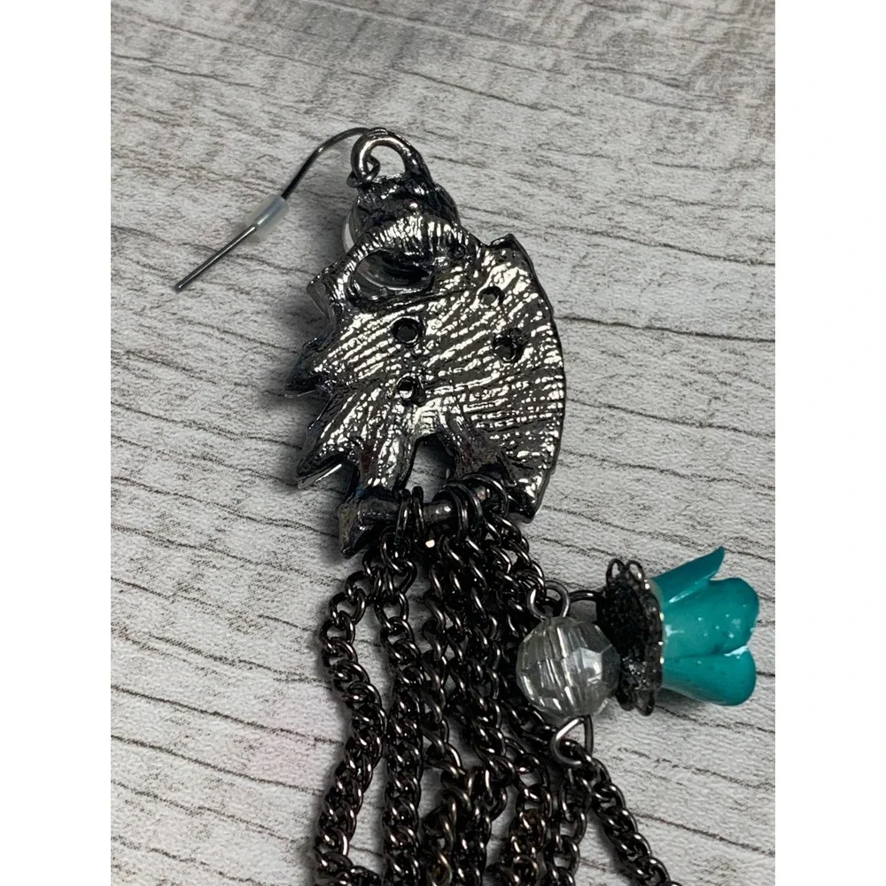 Gunmetal Crystal Tassel Earrings Turquoise Rose Multi Chain Dangle 3785